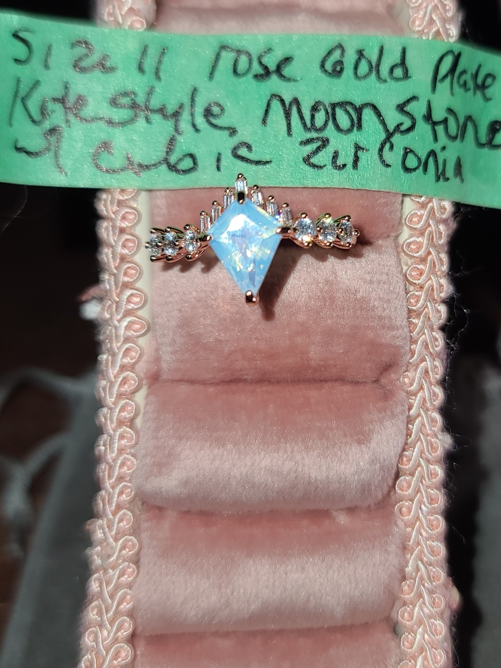 Rose Gold Moonstone Kite-Cut Ring with Clear Accents Size 11